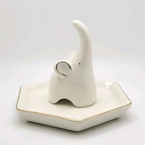 Elephant Ring Holder Trinket Dish‎ White Ceramic Gold Trim 3.5" Jewelry Tray